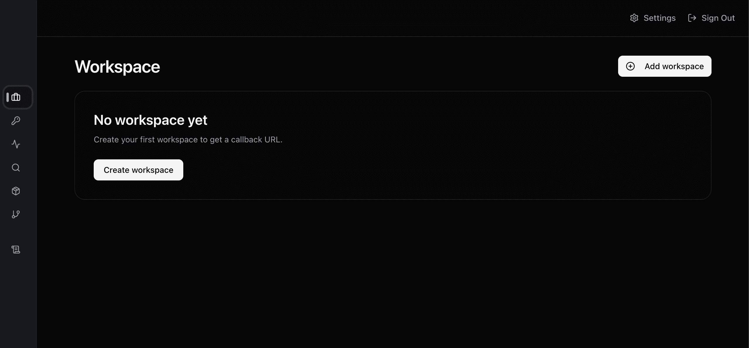 Empty workspace page with create workspace call to action